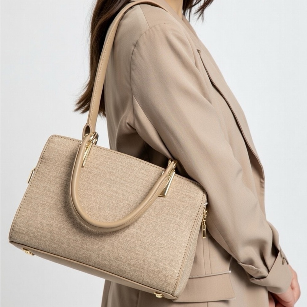 Elegant Beige Embossed Satchel Purse with Detachable Strap